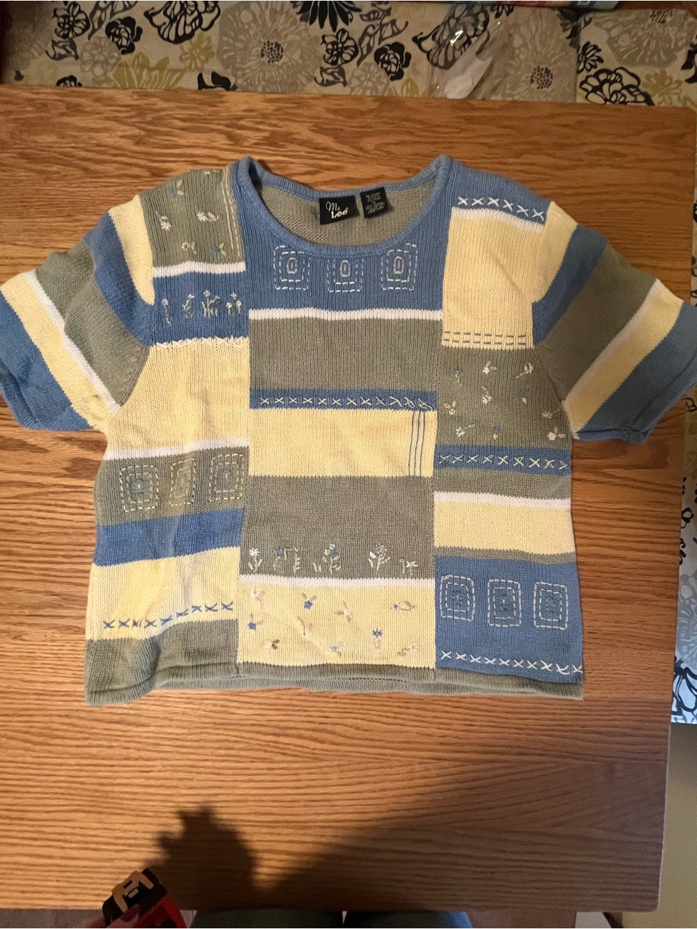 Vintage Size Petite L “PL” Mrs Lee 90’s Yellow/Blue Knit Short Sleeve Sweater
